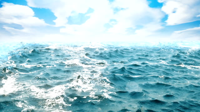 Qualitativ-hochwertige-Animation-Meereswellen-mit-schönen-Taghimmel-im-Hintergrund.-Looping.