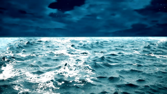 Qualitativ-hochwertige-Animation-Meereswellen-mit-schönen-Nachthimmel-auf-dem-Hintergrund.-Looping.