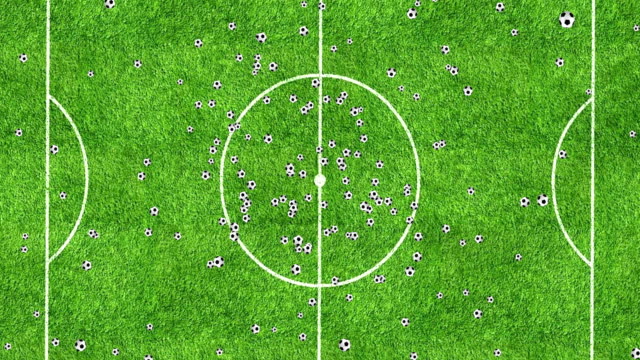 balones-de-fútbol-animación-volar-en-vórtice-en-fútbol-campo-fondo-con-fade-out,-loop-sin-fisuras