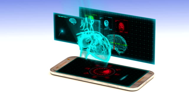 Smartphone-projiziert-ein-Hologramm-des-menschlichen-Herzens,-das-Konzept-der-technologischen-Entwicklung-in-der-Medizin