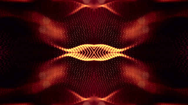bucle-de-animación-en-3D-como-fondo-de-ciencia-ficción-de-partículas-que-brillan-intensamente-con-la-profundidad-de-campo-y-bokeh-para-bucle-de-vj.-Partículas-de-forman-línea-y-rejilla-de-superficie.-V12-rojo-oro