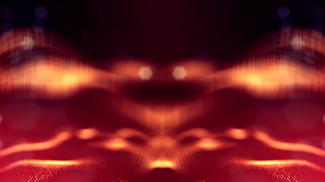 3d-loop-animation-as-science-fiction-background-of-glowing-particles-with-depth-of-field-and-bokeh-for-vj-loop.-Particles-form-line-and-surface-grid.-V38-red-gold