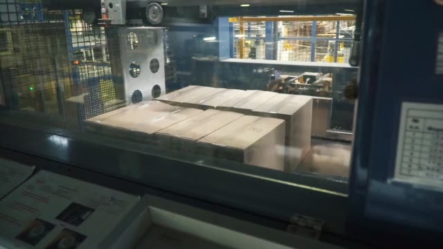Kartons-auf-Förderband-in-Fabrik.-Clip.-Verpackungsprodukte-in-einer-Box-in-der-Fabrik