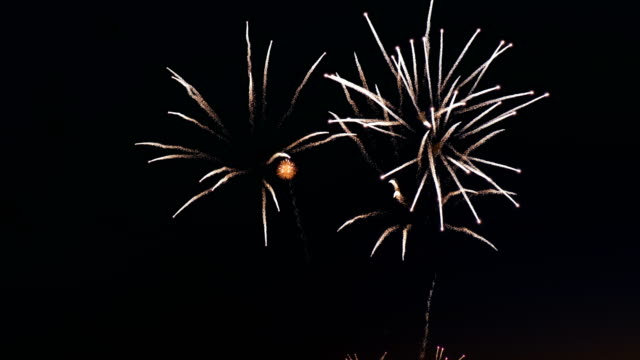 Feuerwerk-auf-der-Stadt-Tag-Urlaub,-große-Ausbrüche-von-Salute-am-Nachthimmel