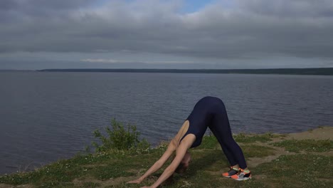 Woman-in-blue-sportswear-doing-pushups,-yoga