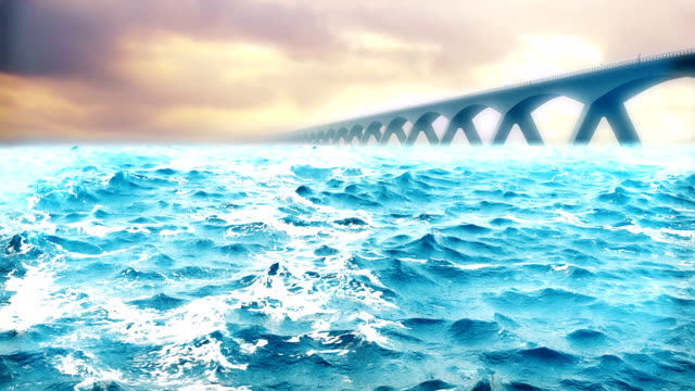 Qualitativ-hochwertige-Animation-Meereswellen-mit-schönen-Brücke-im-Hintergrund.-Looping.