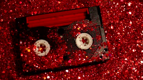 Nahaufnahme-der-Videokassette-auf-rot-Glitter-Hintergrund