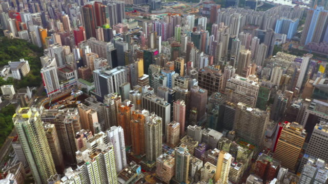 Luftaufnahme-von-Hong-Kong-Downtown,-Republik-China.-Finanzviertel-und-Business-Center-in-smart-urban-city-in-Asien.-Wolkenkratzer-und-moderne-Hochhäuser.