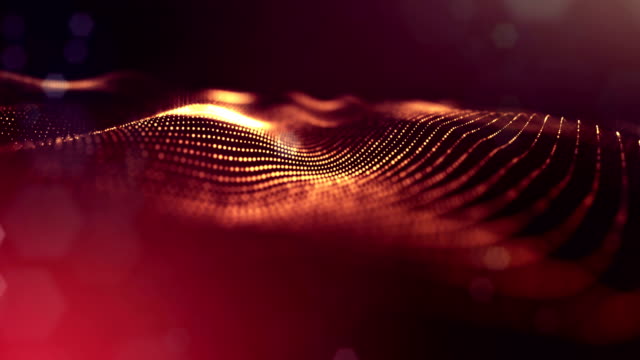 3d-loop-animation-as-science-fiction-background-of-glowing-particles-with-depth-of-field-and-bokeh-for-vj-loop.-Particles-form-line-and-surface-grid.-V35-red-gold