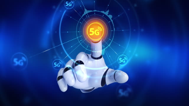 Robot-hand-touching-on-screen-then-high-speed-5G-symbols-appears