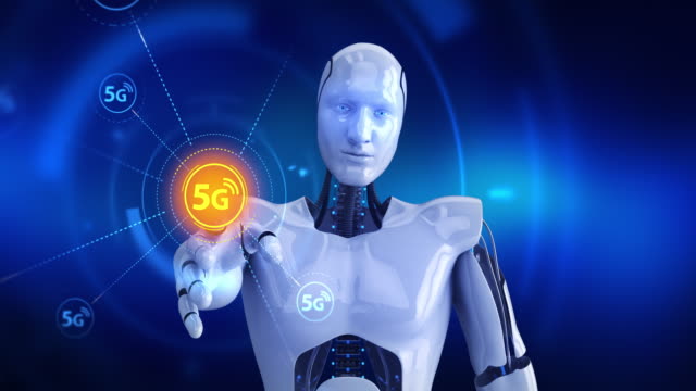 Humanoide-Roboter-auf-dem-Bildschirm-berühren,-dann-high-Speed-5G-Symbole-erscheint
