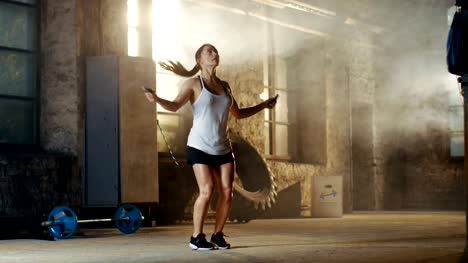Sportlich-schöne-Frau-Übungen-mit-Sprung-/-Springseil-in-einer-Turnhalle.-Sie-ist-Teil-der-ihr-intensives-Fitnesstraining-tun.