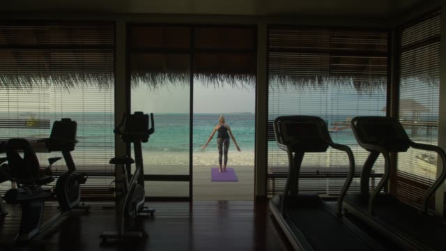 Rückansicht-Aufnahme-einer-Fit-junge-Frau-beim-Yoga-auf-einer-Veranda-ein-Fitness-Studio-Hütte.-Im-Hintergrund-exotische-Insel-mit-schönen-ruhigen-Meer-und-klaren-sonnigen-Himmel.