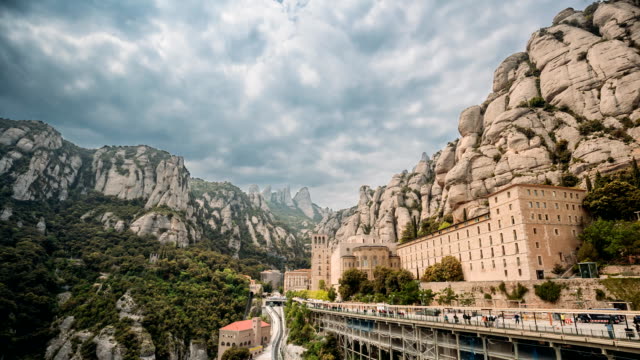 Santa-Maria-De-Montserrat.-Benedictine-Abbey-In-Mountain-Of-Montserrat,-In-Monistrol-De-Montserrat,-In-Catalonia,-Spain.-Timelapse,-Time-lapse