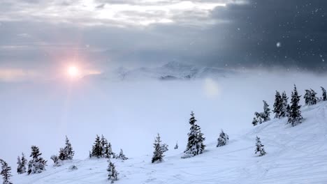 Schneefall-im-Winter-Berg-mit-Schnee-bedeckt-Bäume