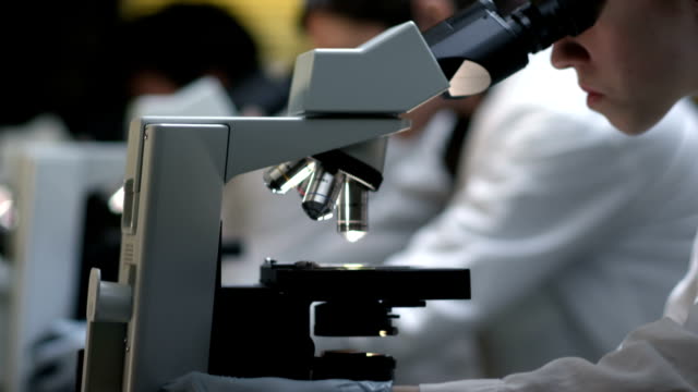 Los-estudiantes-en-un-laboratorio-de-mirar-a-través-de-un-microscopio-durante-su-clase