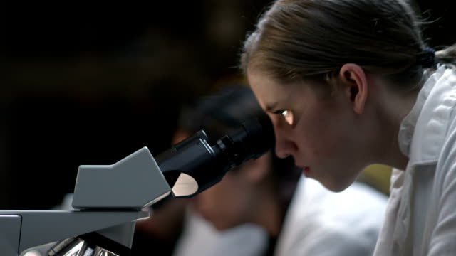 Los-estudiantes-en-un-laboratorio-de-mirar-a-través-de-un-microscopio-durante-su-experimento