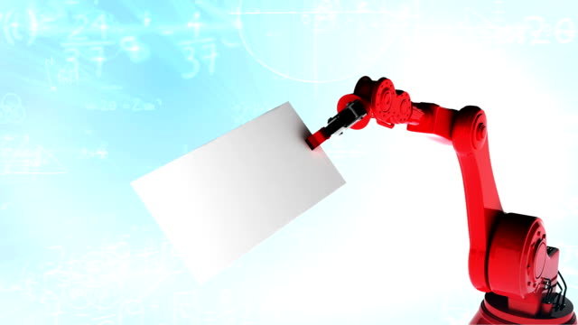 Digitally-generated-video-of-red-robotic-arm-holding-card-with-mathematical-formula