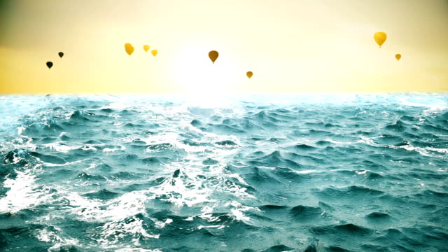 High-quality-animation-of-ocean-waves-with-beautiful-air-balloons-on-the-background.-Looping.