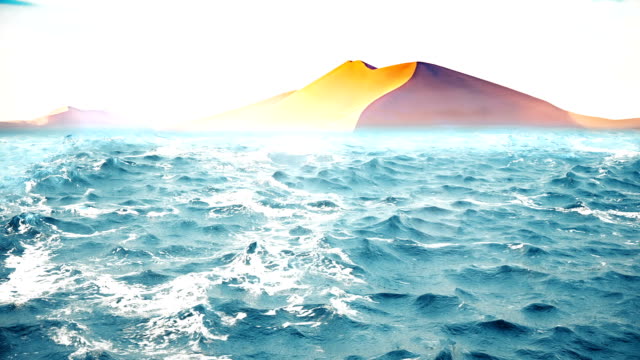 Qualitativ-hochwertige-Animation-Meereswellen-mit-schönen-Wüste-auf-dem-Hintergrund.-Looping.