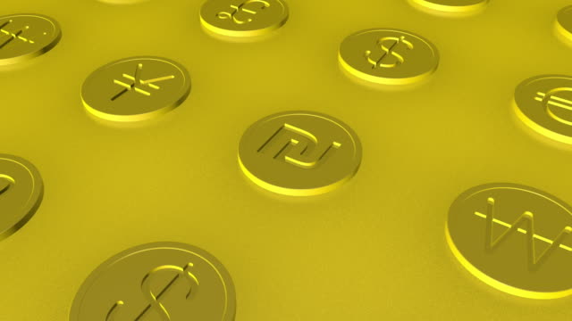 Camera-moving-through-golden-coins-with-currency-signs