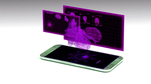 Smartphone-proyecta-un-holograma-del-corazón-humano,-el-concepto-de-desarrollo-de-la-tecnología-en-medicina