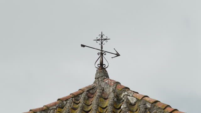 Vögel-auf-der-Wetterfahne-auf-einer-alten-Glockenturm