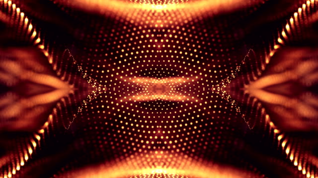 bucle-de-animación-en-3D-como-fondo-de-ciencia-ficción-de-partículas-que-brillan-intensamente-con-la-profundidad-de-campo-y-bokeh-para-bucle-de-vj.-Partículas-de-forman-línea-y-rejilla-de-superficie.-V13-rojo-oro