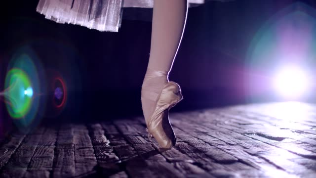 close-up,-in-rays-of-spotlight,-on-stage-of-old-theater-hall.-ballerina-in-white-ballet-skirt,-rotates-on-toe-in-pointe-shoe,-performs-elegantly-a-certain-ballet-exercise,-tour,pointe
