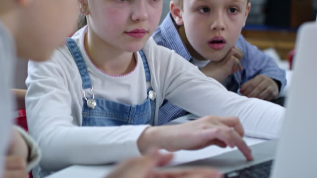 Multiethnische-Klassenkameraden-Computerbildschirm-betrachten
