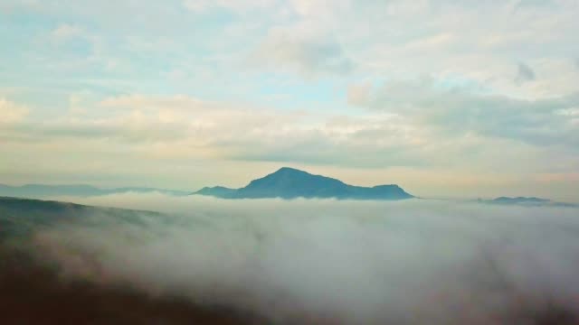 Aerial-view--beautiful-morning-mist-at-mountain-range