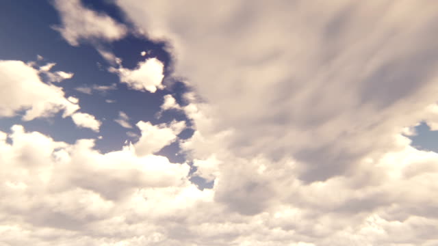 Blue-sky-with-beautiful-cloudscape-with-large-clouds-and-sunlight-breaking-through-cloud-mass-in-time-lapse