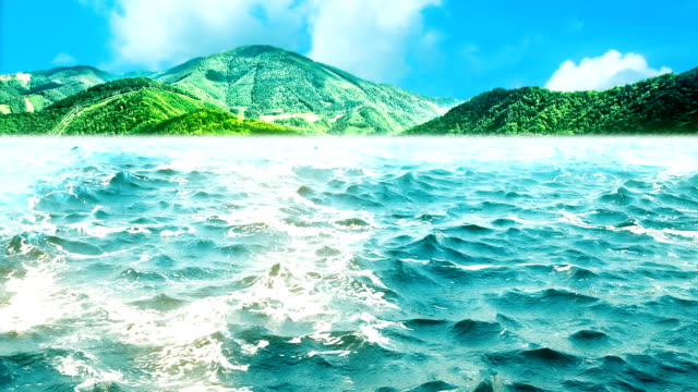 Qualitativ-hochwertige-Animation-Meereswellen-mit-schönen-grünen-Bergen-im-Hintergrund.-Looping.