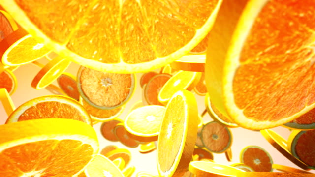Falling-fresh-orange-on-yellow-background.-Close-up.-4K