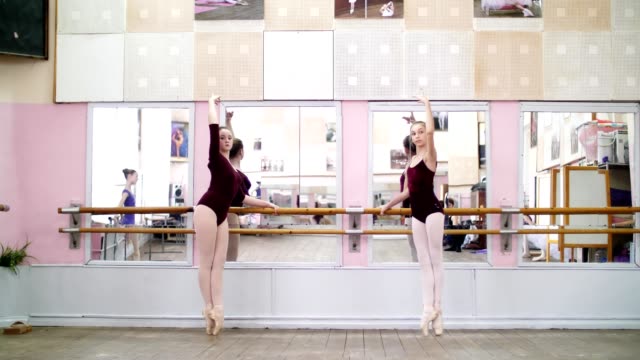 in-dancing-hall,-Young-ballerinas-in-purple-leotards-perform-grand-battement-back-on-pointe-shoes,-raise-their-legs-up-elegantly,-standing-near-barre-at-mirror-in-ballet-class