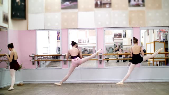 in-dancing-hall,-Young-ballerinas-in-black-leotards-stretching-at-barre,-on-pointe-shoes,-elegantly,-standing-near-barre-at-mirror-in-ballet-class