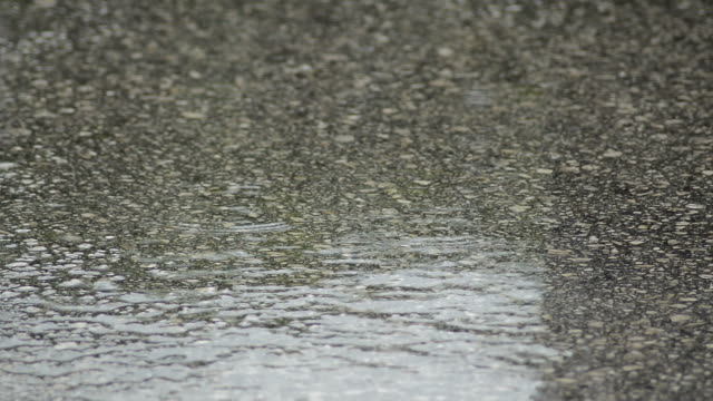 Regentropfen-fallen-in-den-Asphalt-Regen-am-Tag