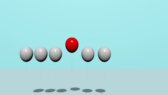 Animation---abheben-von-der-Masse-und-anderes-Konzept,-einen-roten-Ballon-fliegen-weg-von-anderen-weiße-Ballons-auf-weißen-Wand.-Minimale-Konzeptidee.