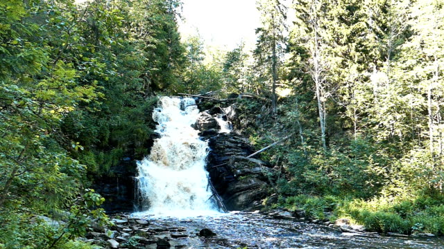 Waterfall-White-Bridges-in-Karelia,-Russia,-slow-motion