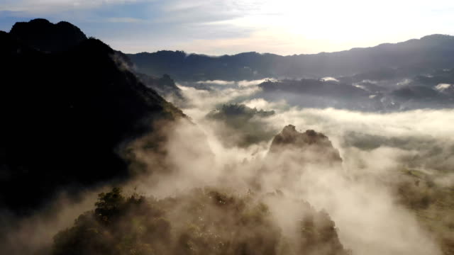 Aerial-view-of-Morning-mist-at-mountains.
