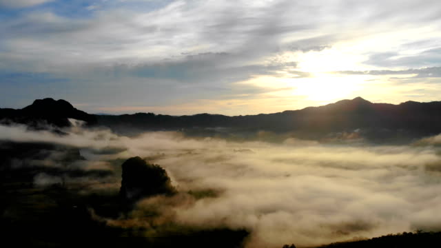 Aerial-view-of-Morning-mist-at-mountains.