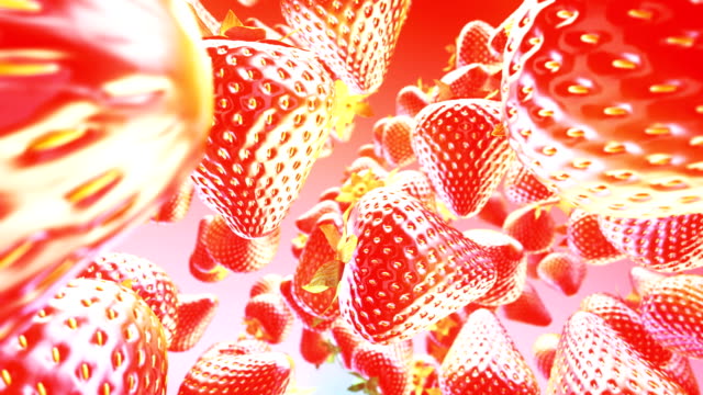 Fallende-Erdbeeren-auf-rosa-Hintergrund.-Hautnah.-4K