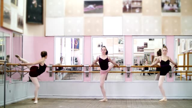 im-Tanzsaal,-junge-TänzerInnen-in-schwarzen-Trikots-stretching-am-Barre,-elegant,-stehen-in-der-Nähe-von-Barre-am-Spiegel-in-Ballett-Klasse