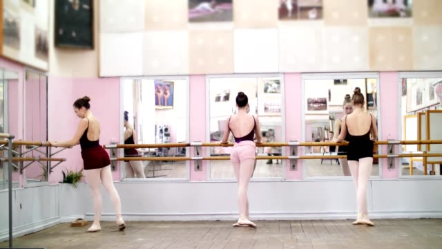 in-dancing-hall,-Young-ballerinas-in-black-leotards-perform-grand-battement-back-at-barre,-elegantly,-standing-near-barre-at-mirror-in-ballet-class