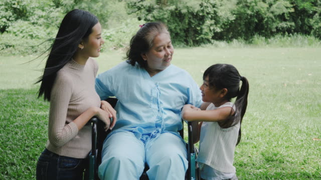 Großmutter-sitzt-im-Rollstuhl-mit-Tochter-und-Enkelin-im-Park-gemeinsam-genießen
