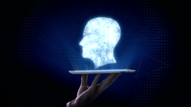 Lifting-tablet,-CPU-chip-circuit-board-connected-human-head-shape,-4K-movie.grow-artificial-intelligence.