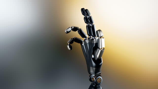 Cyborg-robotic-arm-during-test-action.-Metal-shines,-abstract-dark-background,-60-fps-animation.