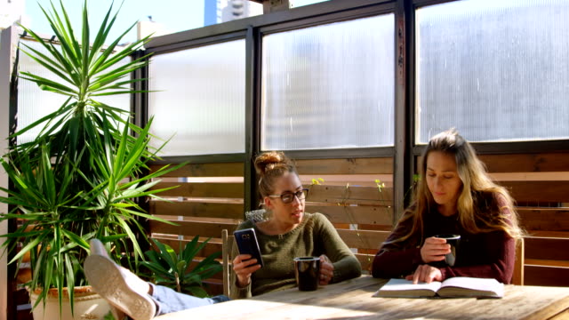 Lesbian-couple-discussing-over-a-book-while-having-coffee-4k