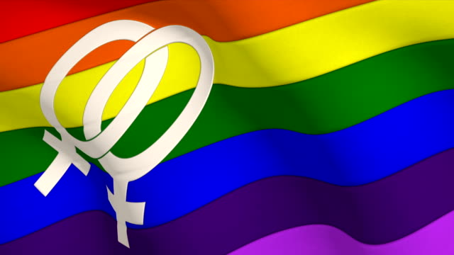 Bandera-del-arco-iris-LGBT-con-el-símbolo-de-la-pareja-de-lesbianas