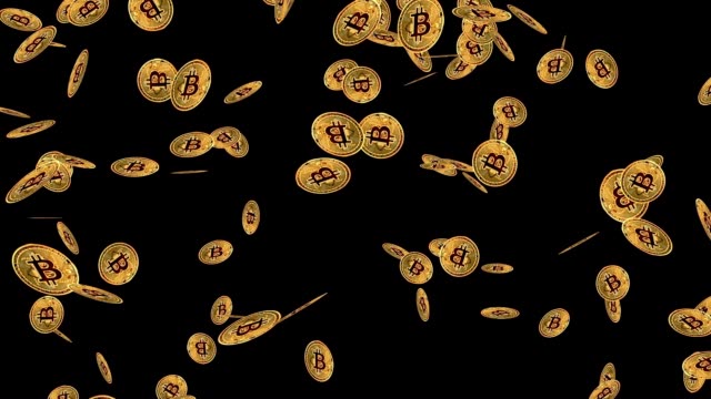 Bitcoins-fallen-auf-dem-schwarzen-Hintergrund